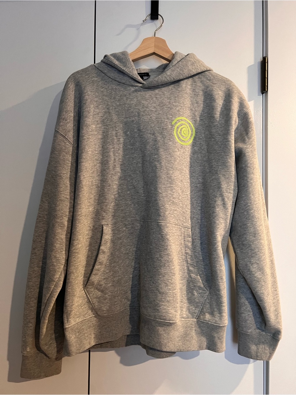 Beyond Yoga Gray Hoodie with Neon Lime Spiral Logo